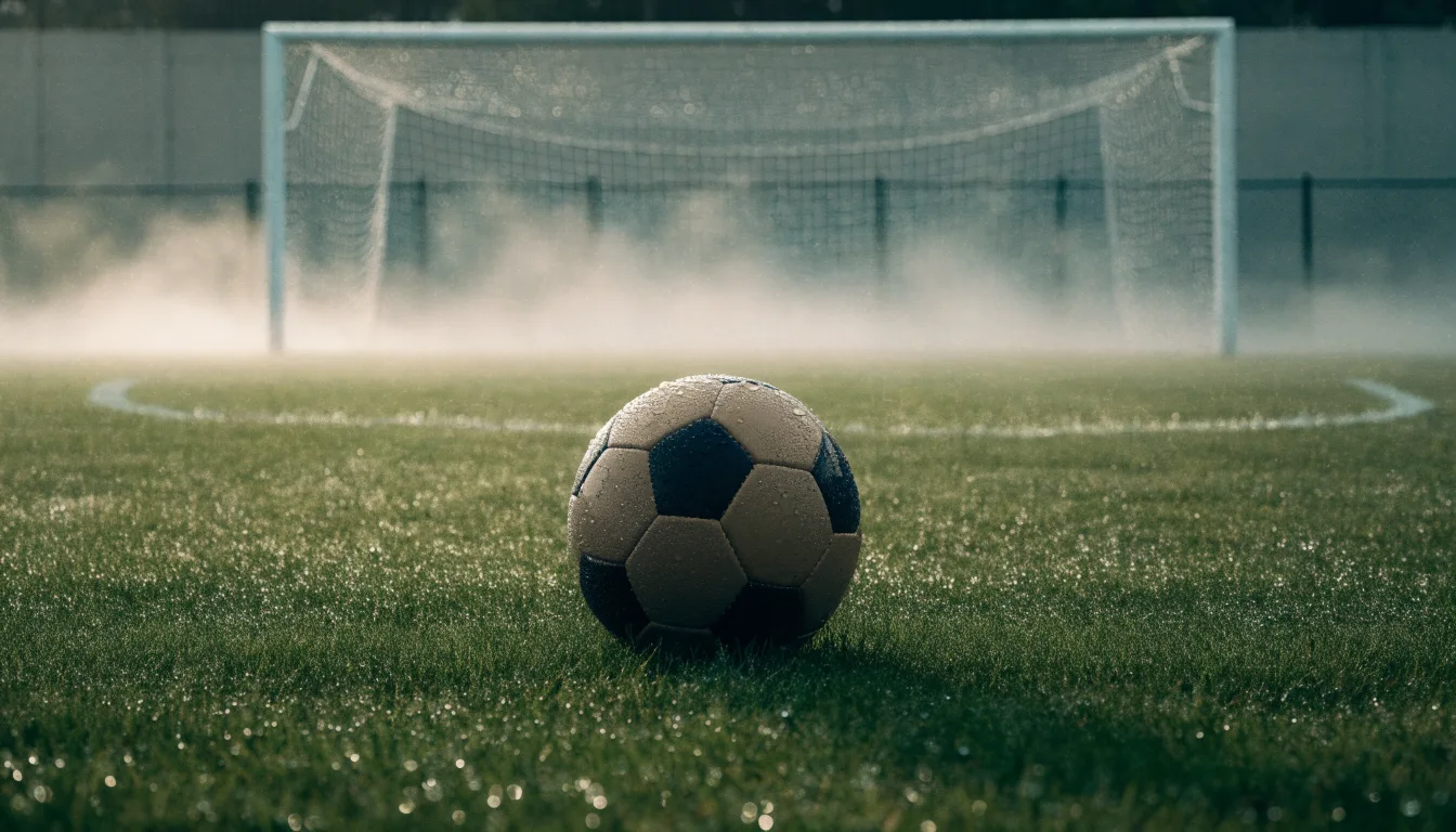 Ein Fußball liegt auf dem Rasen vor einem Tor im Morgennebel, die Netzmaschen sind taufeucht.