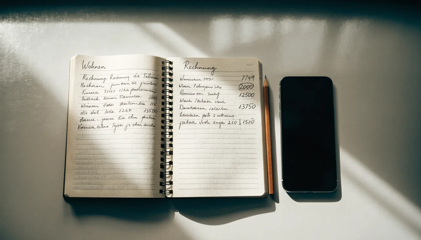 Ein Notizbuch mit handschriftlichen Zahlenreihen liegt neben einem Bleistift und einem Smartphone mit dunklem Display auf einem Tisch.