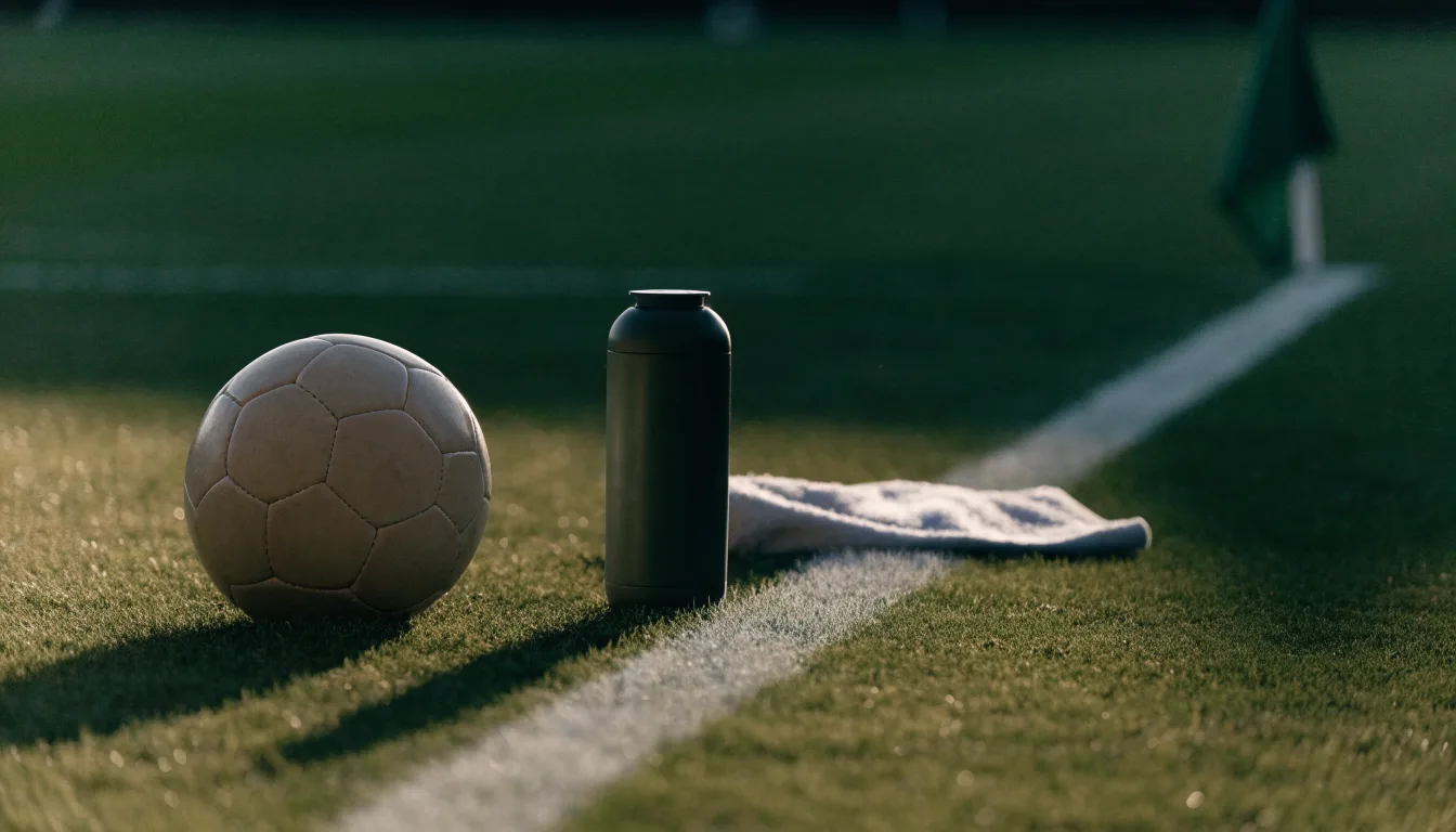 Ein Fußball auf einer Wiese neben der Seitenlinie, daneben eine Trinkflasche ohne Aufdruck und ein Handtuch.