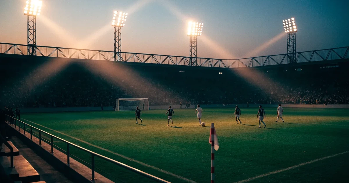 Ein Fußballstadion in der Dämmerung aus der Ferne, die Flutlichter gerade eingeschaltet, davor ein Kreisverkehr mit Laternen.