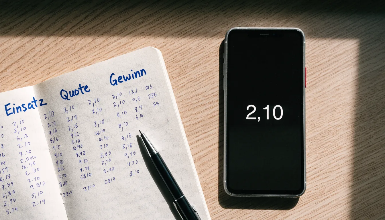 Ein Notizbuch mit handschriftlichen Notizen und ein Taschenrechner liegen auf einem Schreibtisch neben einem Smartphone mit dunklem Display.