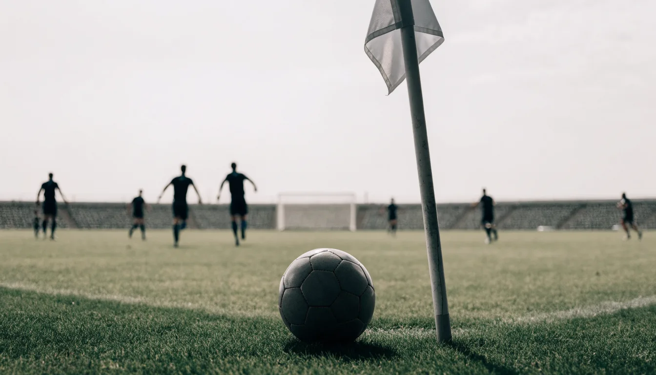Ein Fußball liegt neben einer Eckfahne auf kurz gemähtem Rasen unter bewölktem Himmel.