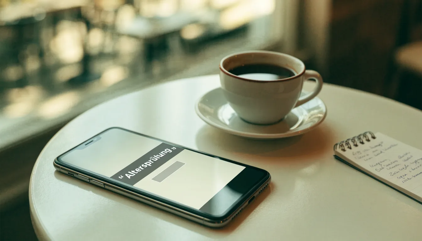 Ein Smartphone liegt mit schwarzem Display neben einer Kaffeetasse und einem Notizblock auf einem Café-Tisch.