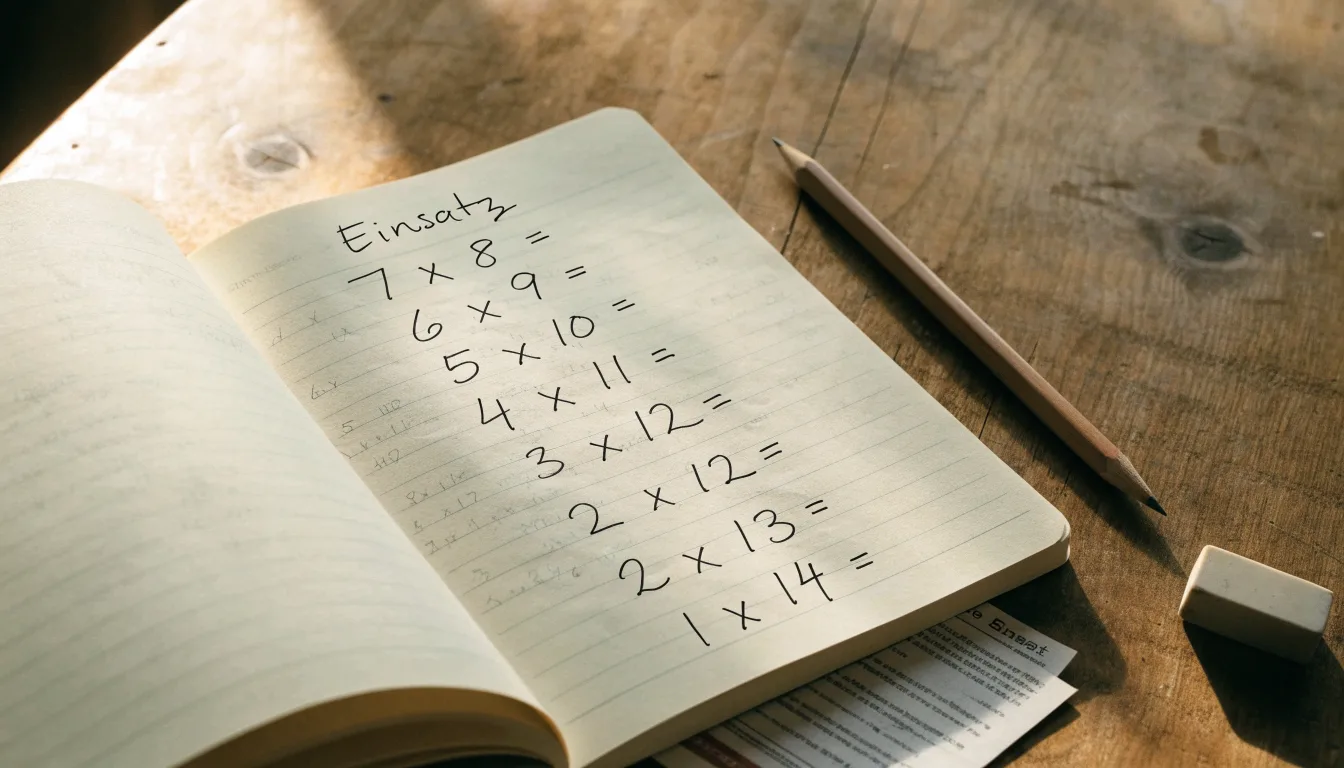 Ein Notizbuch mit handschriftlichen Multiplikationen liegt aufgeschlagen auf einem Holztisch, daneben ein Bleistift und ein Radiergummi.