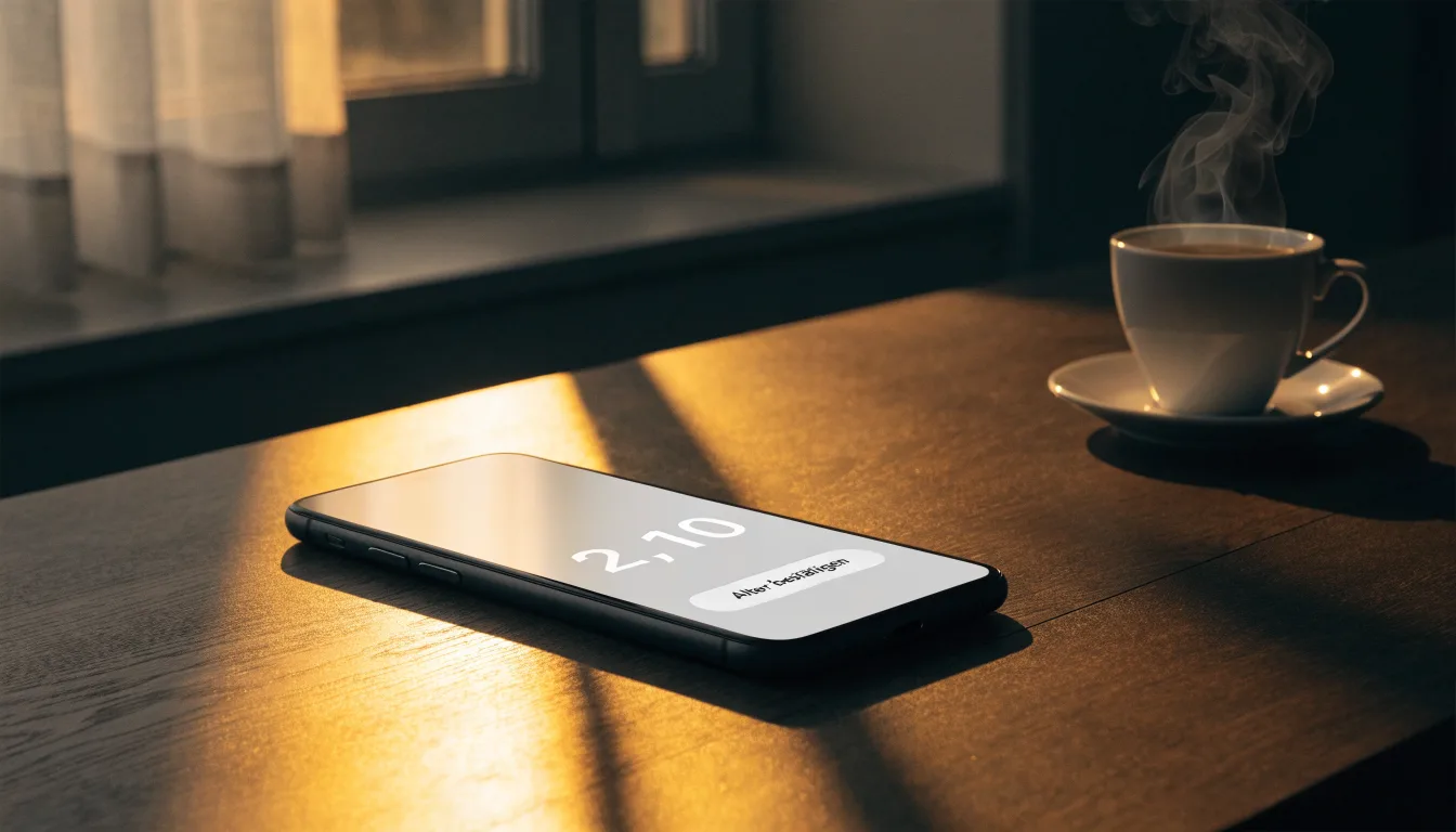 Ein Smartphone mit dunklem Display liegt neben einer Kaffeetasse auf einem Schreibtisch, durch das Fenster fällt Abendlicht.