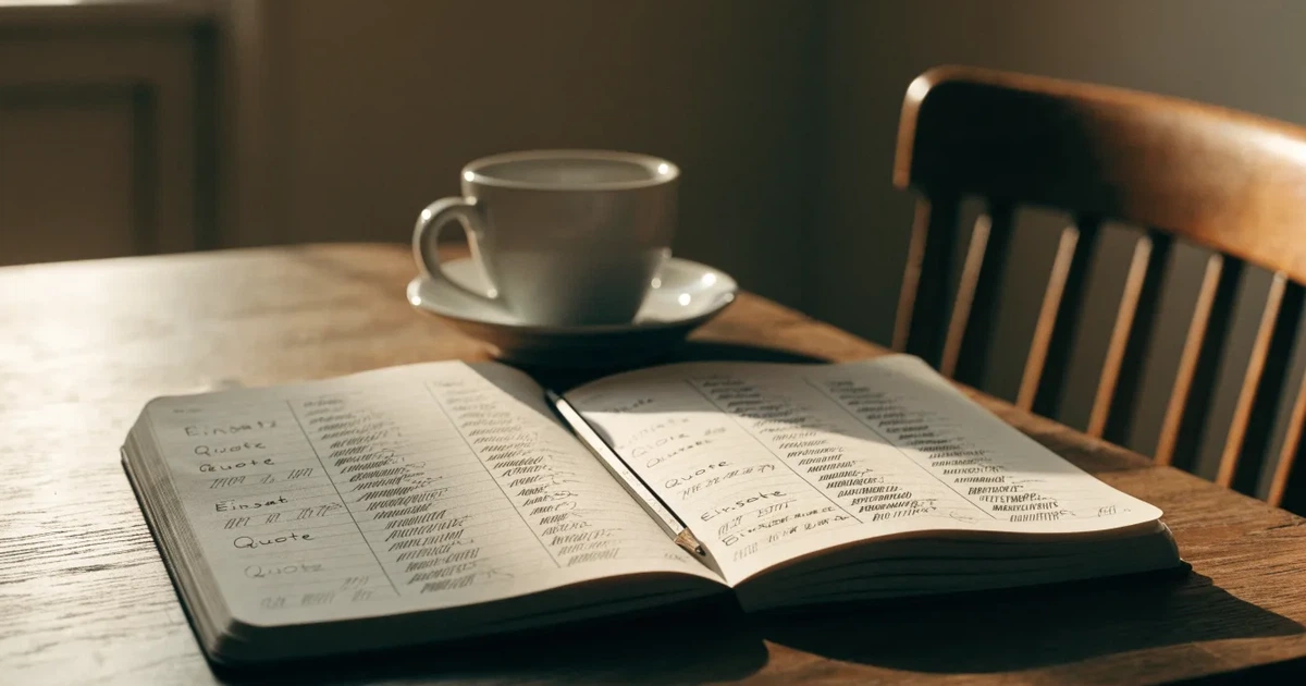 Ein aufgeschlagenes Notizbuch mit handgezeichneten Spalten und Strichen liegt neben einem Bleistift und einer Kaffeetasse auf einem Tisch am Morgen.