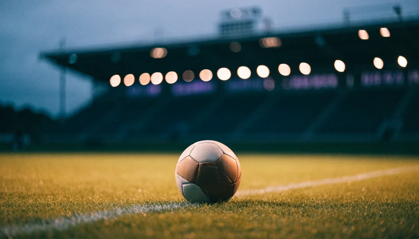 Ein Fußball liegt auf einem Rasenplatz in der Dämmerung, im Hintergrund ein ferner Stadionrand unter Flutlicht.