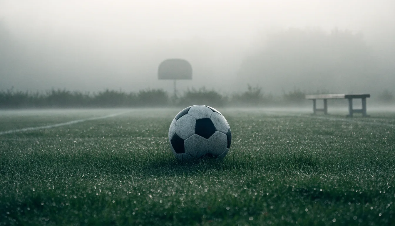 Ein Fußball liegt in der Mitte eines leeren Rasenplatzes im Morgennebel, am Rand steht eine einzelne Auswechselbank.